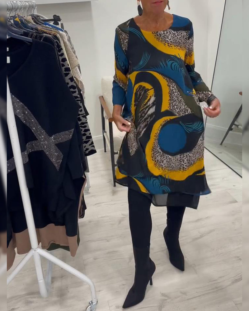 Elegant Trykt Kjole Med Rund Hals