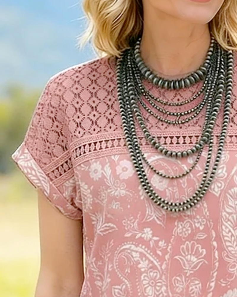 T-Skjorte Trykt Rund Hals Lappeteknikk