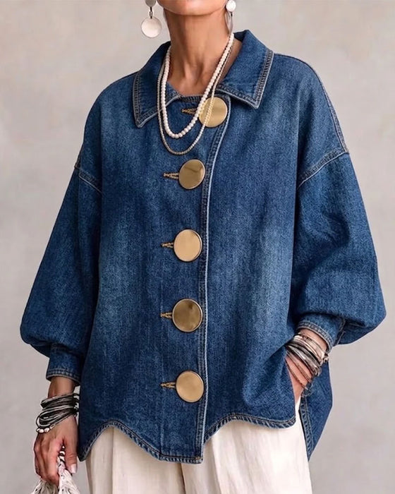 Frakk Rull Knappet Puff Erme Denim