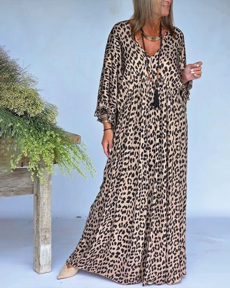 Kjole V-Utringning Leopardtrykk Loose Fit Avslappnet