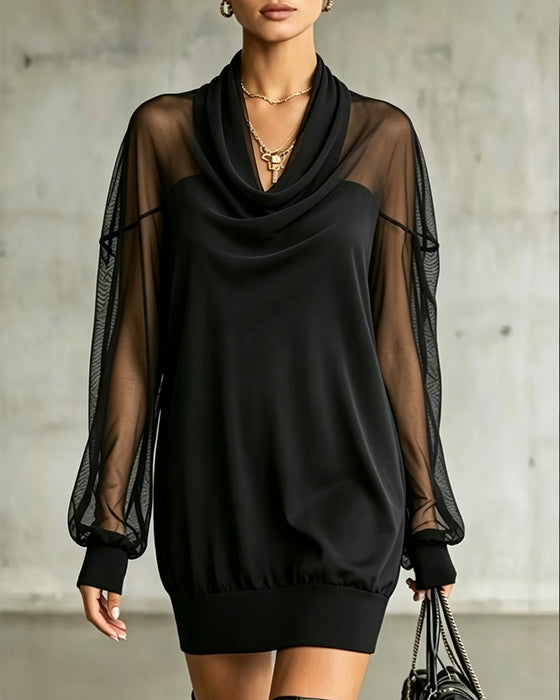 Kjole Cowl Neck Lang Erme Mesh