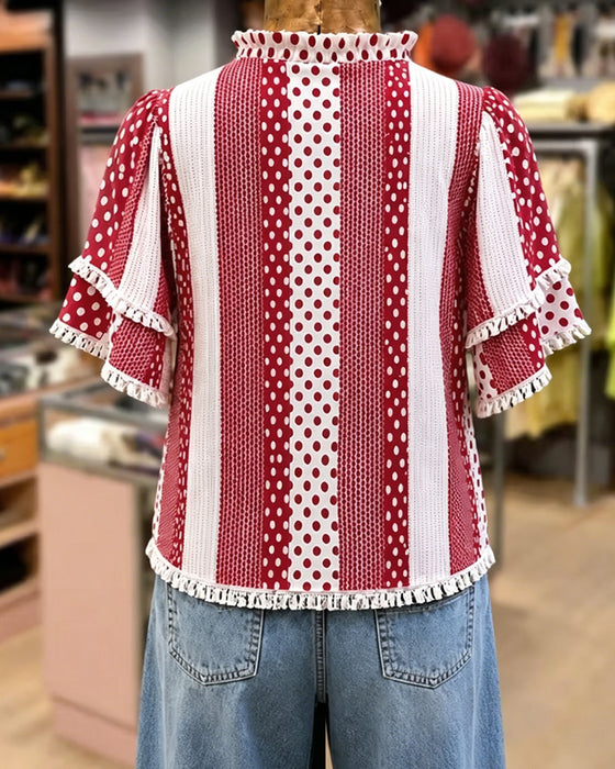 Bluse V-Hals Prikket Fryns Patchwork