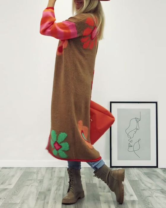 Tilfeldig lang cardigan med blomstermønster