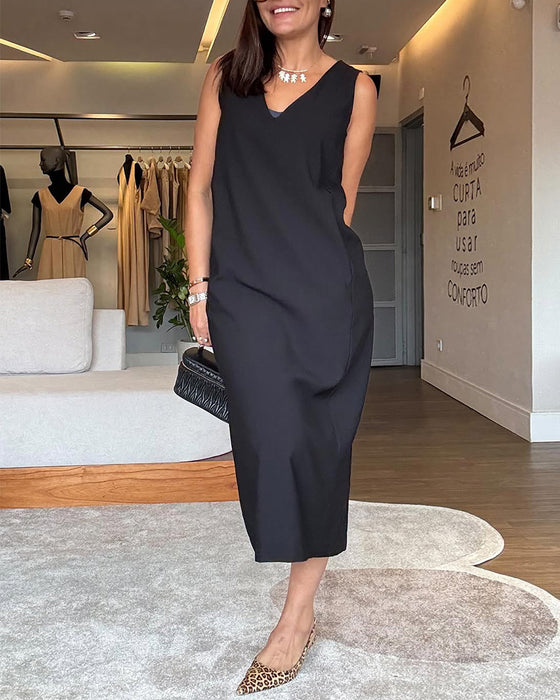 Kjole avslappet v-hals ermeløs ensfarget splitt