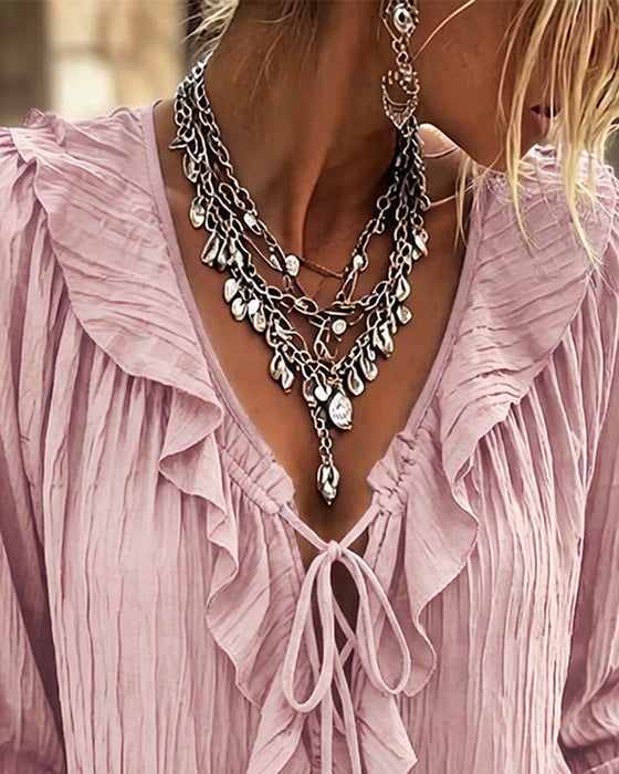Bluse Ruffle Trim Knyting Lang Erme