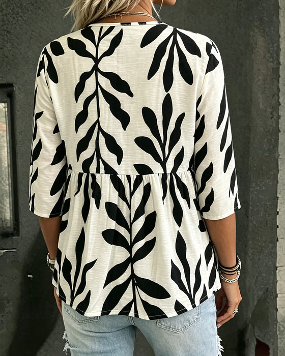 Bluse V-Hals Løs Trykk Kort Erme