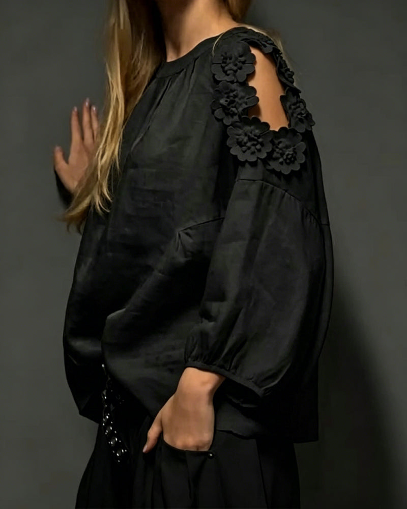 Bluser Rundhals Utskjæring Off-Shoulder 3D Blomstret