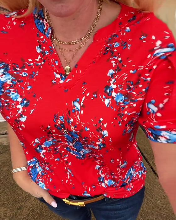 T-Skjorte V-hals Blomstermønster Kortermet