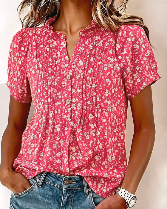 Bluse V-Hals Knapp Blomstermønster
