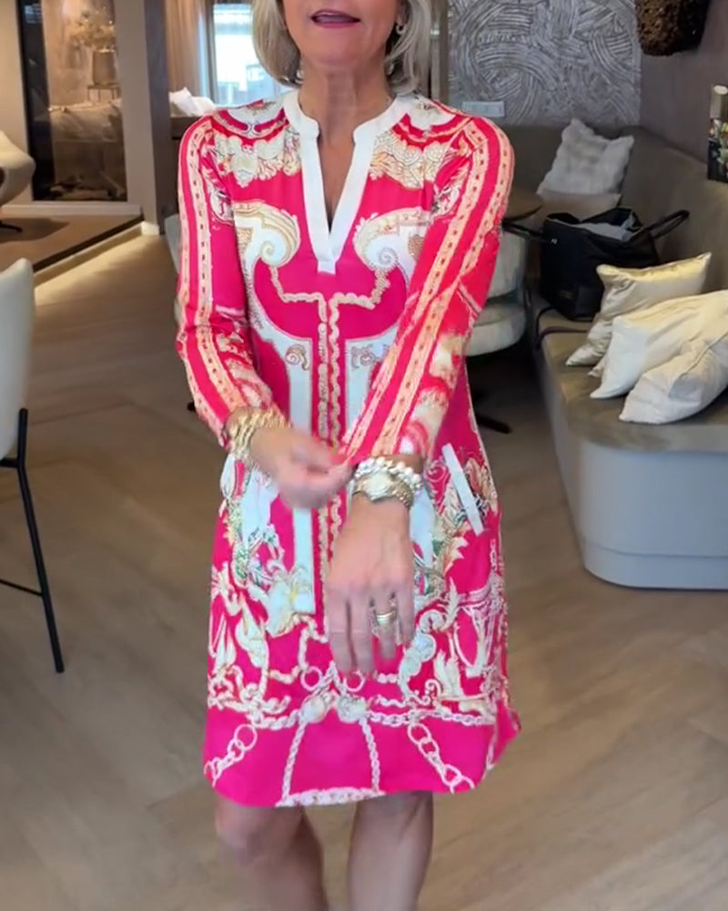 Kjole V-Hals Trekvart Erme Trykt Rett