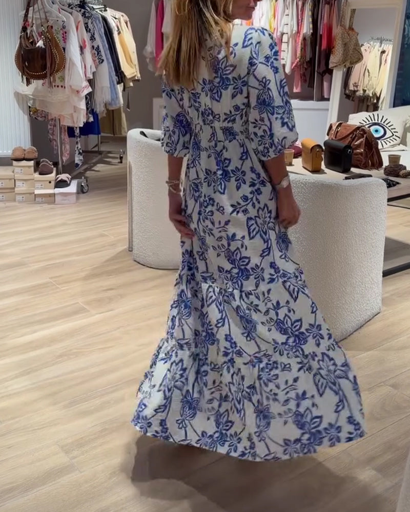 Kjole Dyp V-Hals Elegant Blomstret Lang