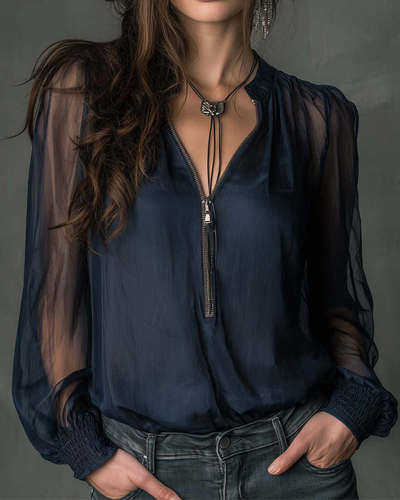 Bluse Halv-glidelås Mesh Lang-ermet