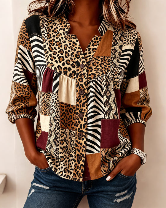 Bluse Leopard Fargeblokk V-Hals