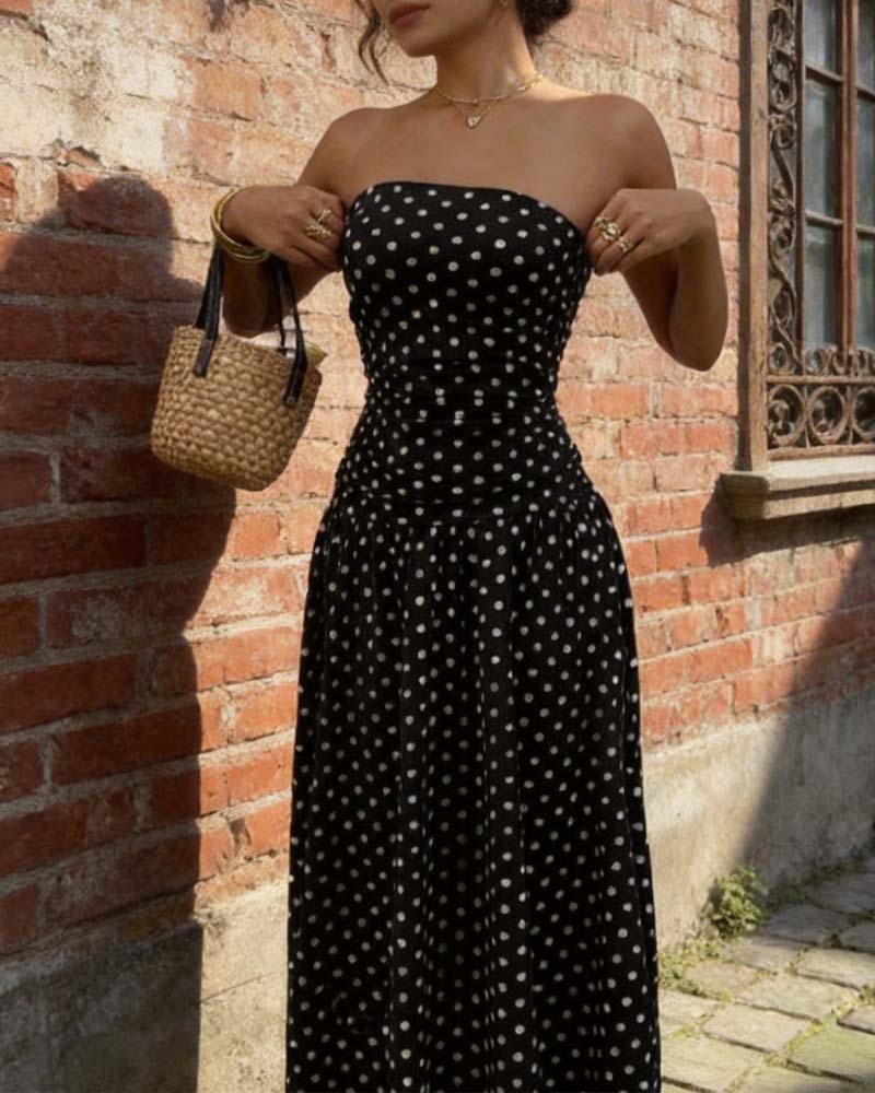 Kjole Prikket Bandeau A-Linje Lang