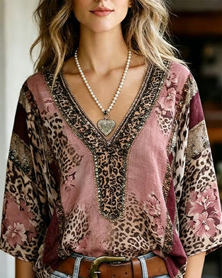 Bluse V-Hals Lykt Erme Leopard