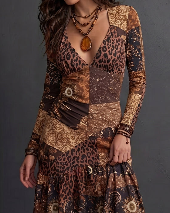 Kjole V-Hals Leopard Trykk Rynket Langermet