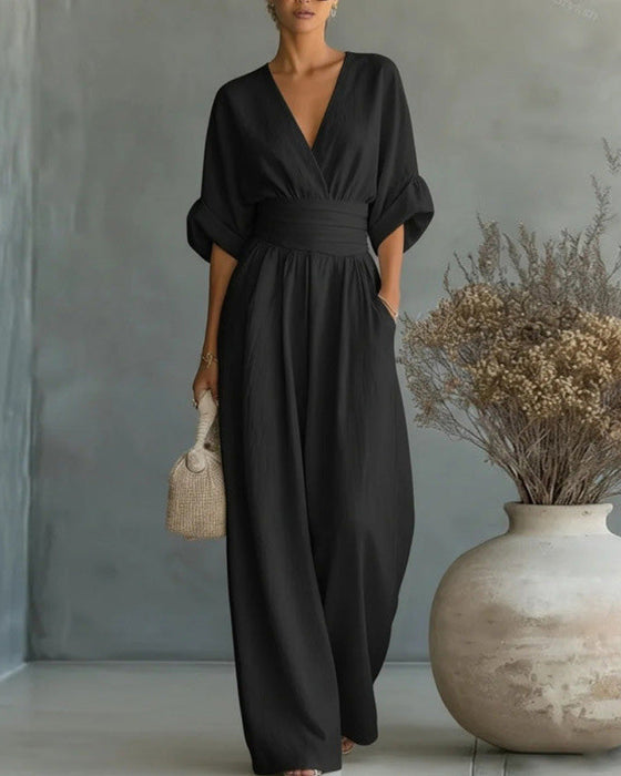 Jumpsuit V-Hals Kors Midjekniping Bred Ben