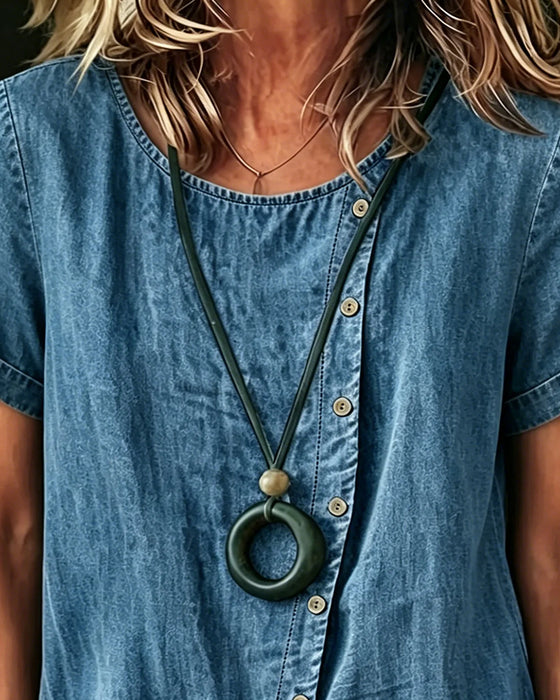 Bluse Asymmetrisk Rund Hals Denim