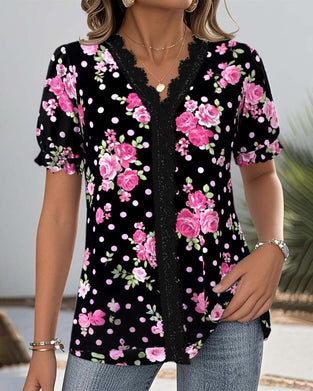 Bluse V-Hals Blonder Lanterne Ermer Trykket