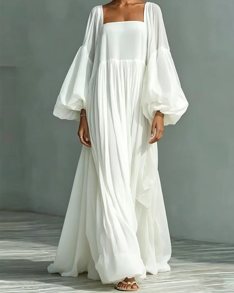 Kjole Firkantet Hals Puff Erme Fe Maxi