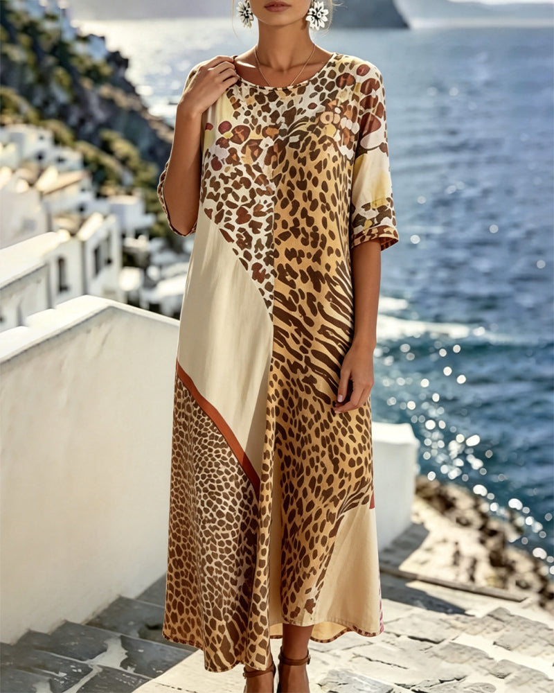 Kjole Leopard Trykk Rundhalset Patchwork