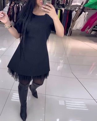 Kjole Med Kortermet Mesh-Skjørt Perlesøm