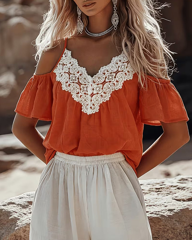 Bluse Blonder Patchwork Off-Shoulder