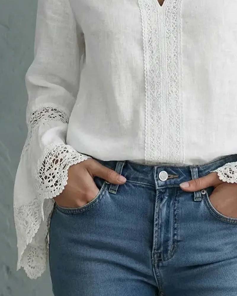 Bluse elegant ensfarget blonder med klokkeermer