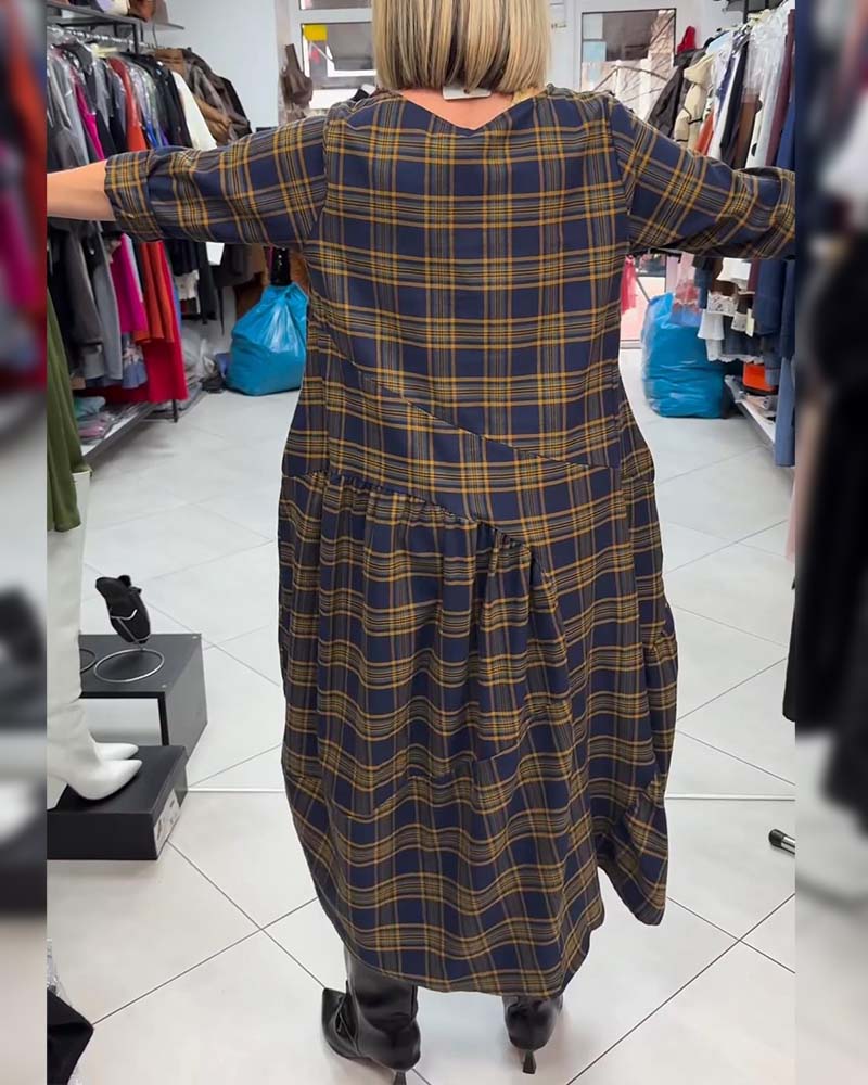 Trykt Rutet Kjole Med Rund Halsring