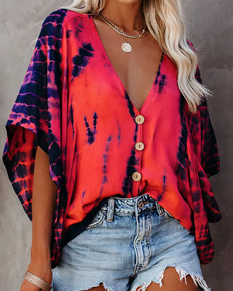 Bluse V-Hals Tie-Dye Casual