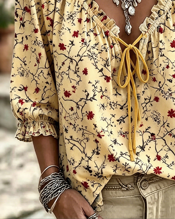 Bluse Liten Rød Blomst Blomstrende Slips