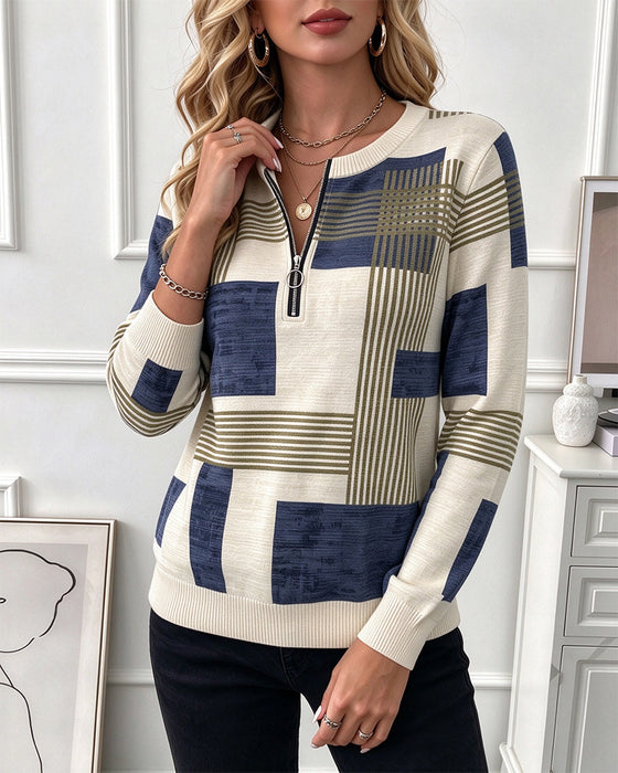 Sweatshirt Rund Hals Geometrisk Halv Glidelås Strikket