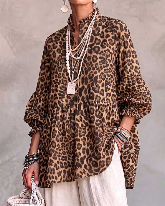 Topp Leopard Trykk Rynke Trim Knapp