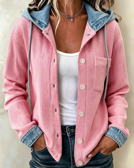Frakk Hetta Ribbestrikket Denim Lappeteppe Kneppet