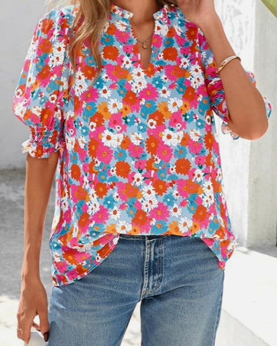 Bluse Blomstret Puff Kort Erme