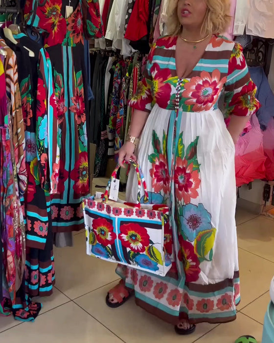 Dyp V løs tilfeldig blomsterkjole