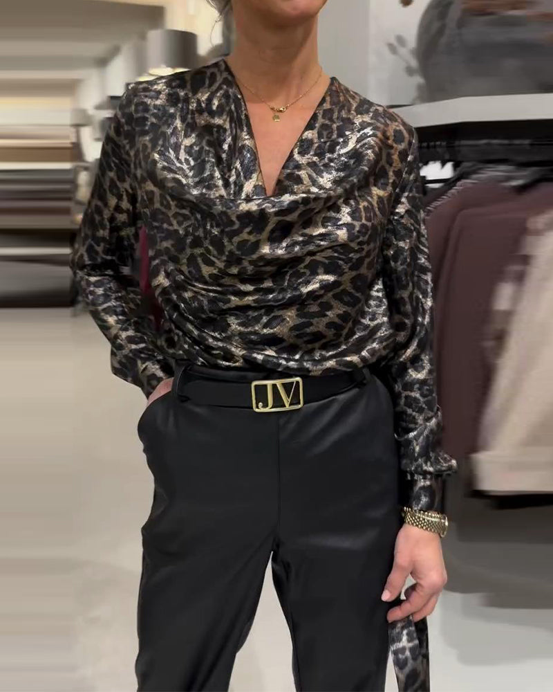 Skjorte Stilfull Leopardtrykk Med Drapert Krage