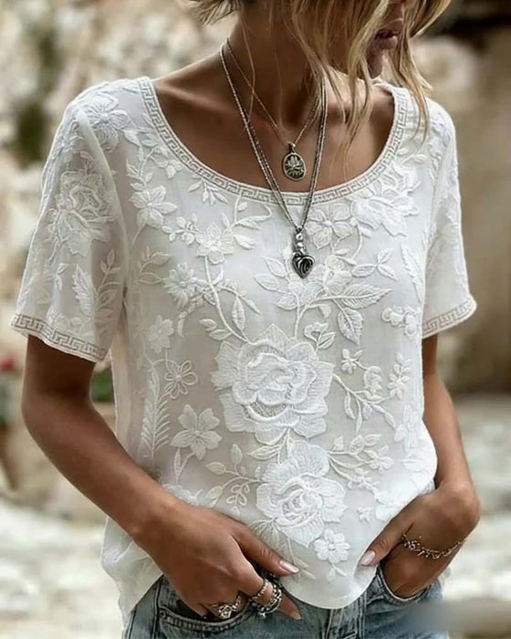 Bluse Rundhalset Brodert Blonder Patchwork