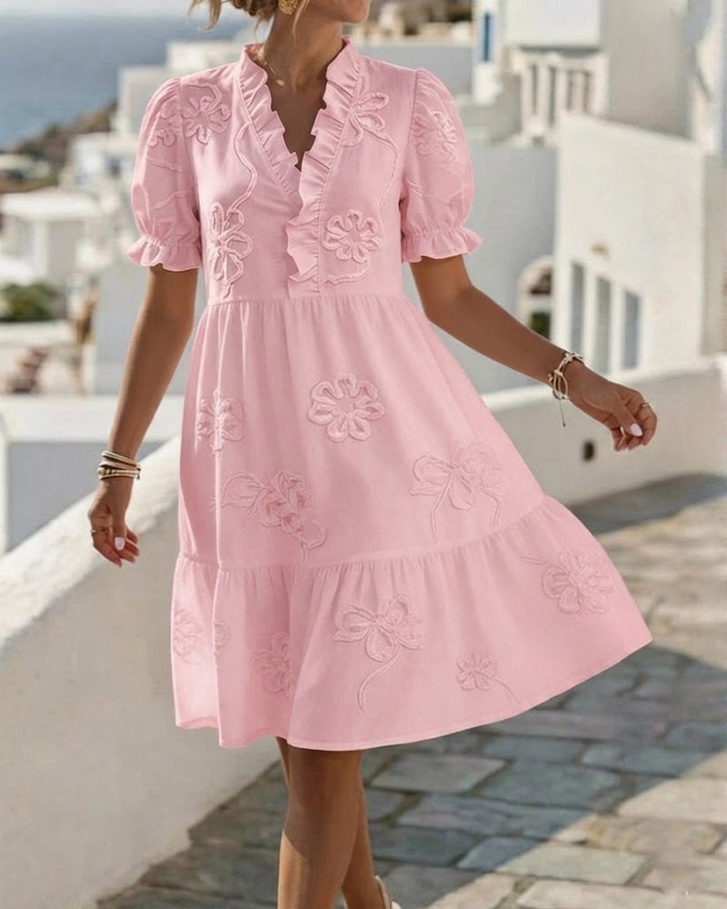 Kjole Puff Kort Erme Blomstret