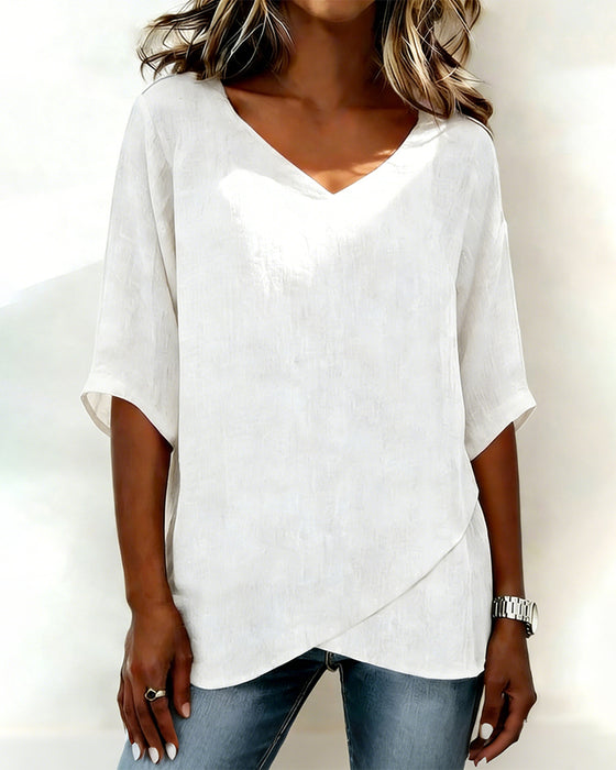 Topp Uregelmessig Kant Ensfarget V-Hals