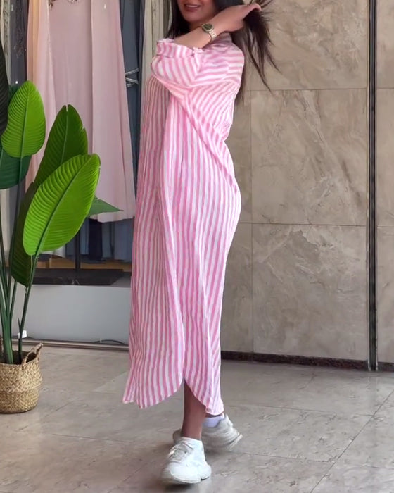 Kjole Løs Revers Stripet