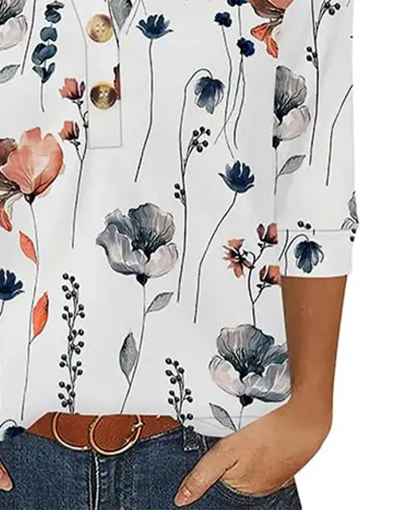 Bluse V-Hals Knappet Trekvart Erme