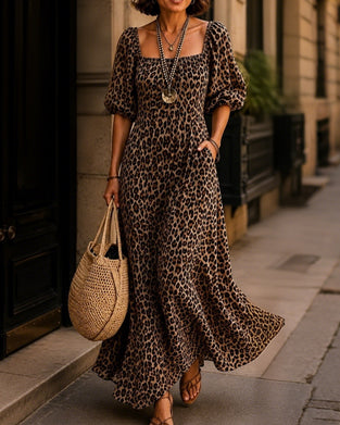 Kjole Firkantet Hals Leopard Mote
