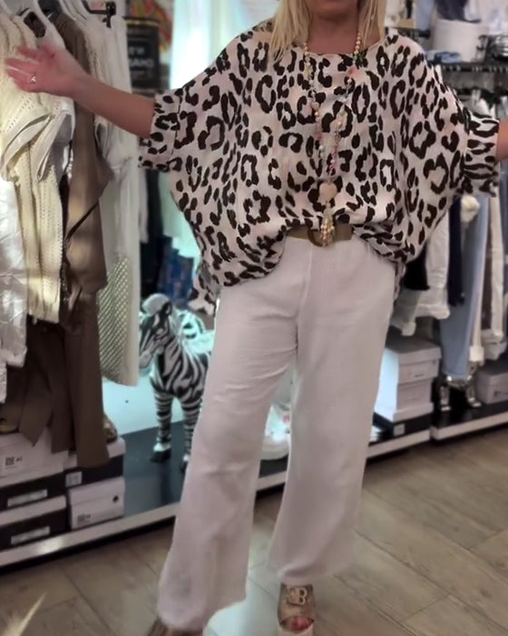 Bluse Med Rund Hals Leopardmønster Løs