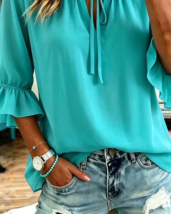 Bluse Solid Farge Rynket Erme Snøring
