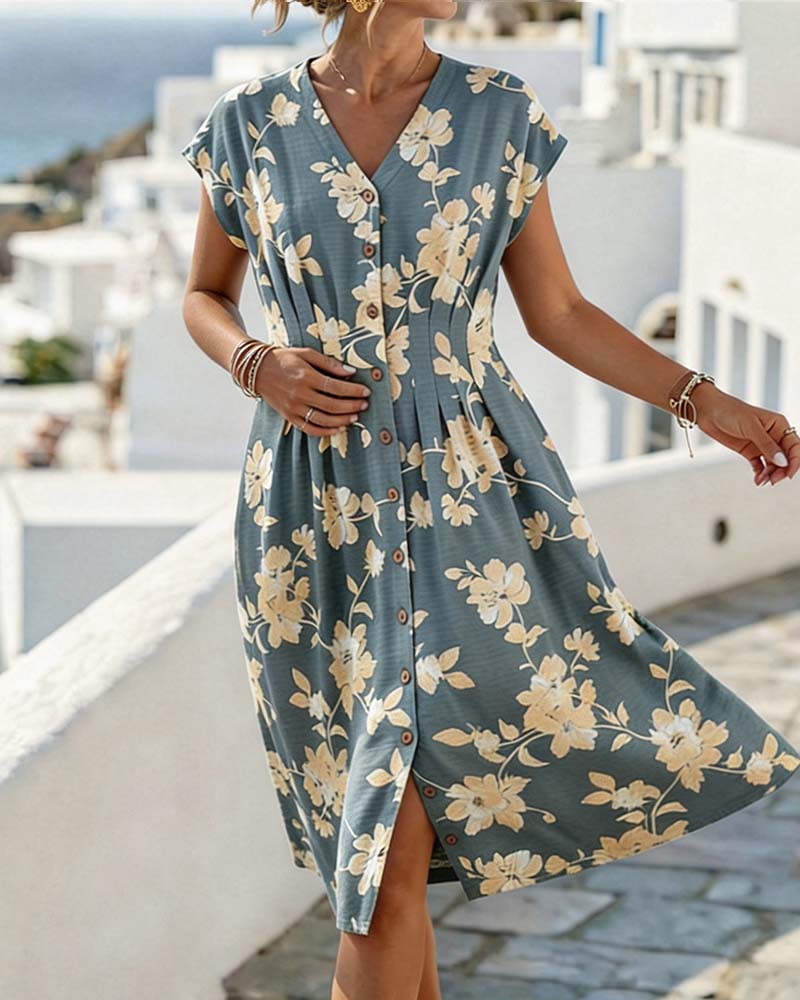 Kjole V-Utringning Trykk Innsnørt Midje Knappefront