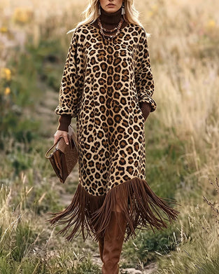 Kjole Leopard Trykk Frynselykt Ermer