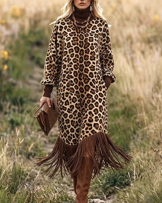 Kjole Leopard Trykk Frynselykt Ermer