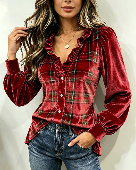 Bluse Ruffle V-Hals Fløyel Rutete Panel