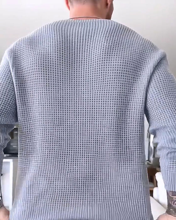 Pullover Herre Rund Hals Vaffel Langermet